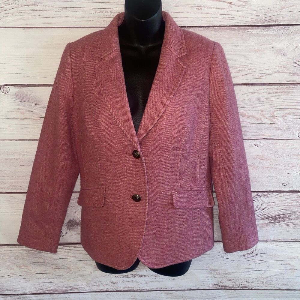 Talbots Aberdeen Pink Herringbone Wool Blend Blazer Jacket 12P Petite Tea Lined